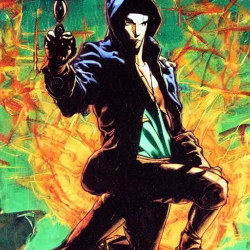 Image similar to portrait of the hacker magician in a dramatic jojo pose tarot card, oil on canvas by yoji shinkawa and esao andrews and raoul ruiz