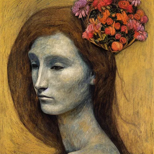 Image similar to facemask made of flowers, by annie swynnerton and jean delville and edward hopper and evelyn de morgan and rufino tamayo, dark flower shaman, art brut, outsider art, symbolist, dramatic lighting, god rays, elaborate geometric ornament, clean crisp graphics, smooth sharp focus, extremely detailed, adolf wolfli