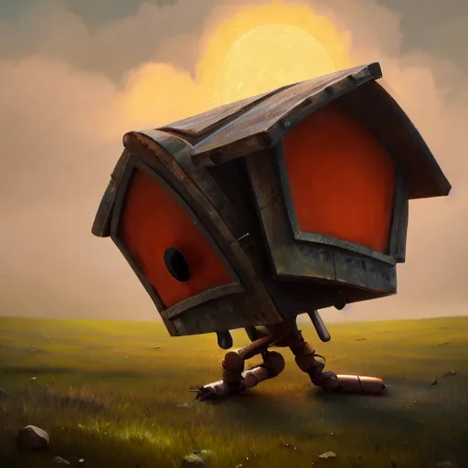 Image similar to a walking wood and metal house with two legs and two big eyes, rust, hyperrealistic, highly detailed, cinematic, single ray of sun, morning, pareidolia, gravity falls style, beautiful, cgssociety, artstation, 8 k, oil painting, digital art