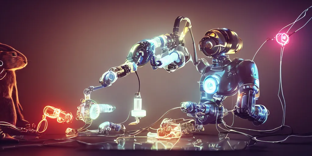Image similar to Rabbit with robotic arm, with glowing battery on chest, in laboratory, playing doctor demon, lots of wires and glowing screen, dramatic lighting, photorealistic, cinematic lighting, high detail, cinematic feel, high octane, 4K, Unreal Engine, digital render, intricate, ultra realistic