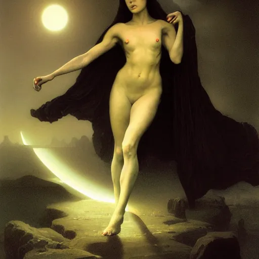 Prompt: awe-inspiring award-winning concept art painting of attractive figure in black shrouds called the ghost of the moonbow queen, rainbow, by Michael Whelan, William Adolphe Bouguereau, John Williams Waterhouse, and Donato Giancola, cyberpunk, extremely moody lighting, glowing light and shadow, atmospheric, shadowy, cinematic, 8K