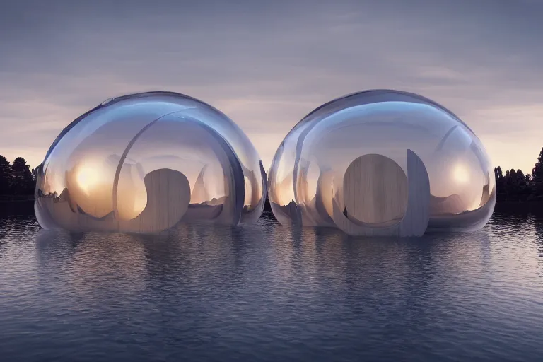 Image similar to a white soap bubble shaped building on the calm lake, human perspective, future, interior wood, marble, award winning, highly detailed 4 k art, dusk, unreal engine highly rendered, global illumination, radial light, internal environment by kazuyo sejima