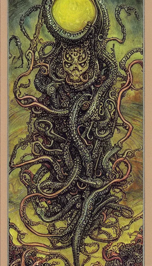 Prompt: lovecraftian cultist tarot card yoshitaka amano jean giraud rococo