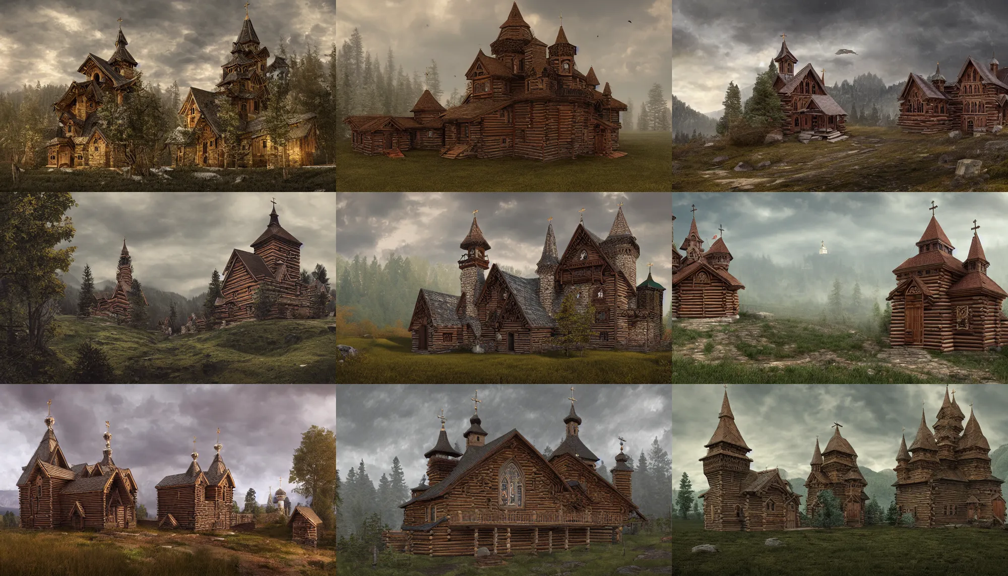 Image similar to tall castle enclosed palisaded, with christian wooden churches and domes on them, log houses built on hills, slavic, russian, slovenian, tartarian architecture, gray skies, hyper - detailed, artstation, cgsociety, 8 k