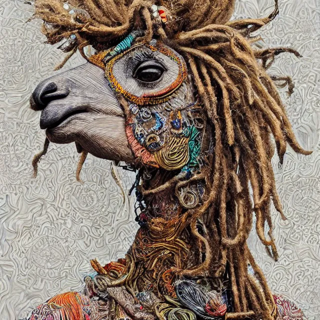 Image similar to llama with dreadlocks, detailed, by ernst haeckel, james jean, el anatsui, mandy jurgens