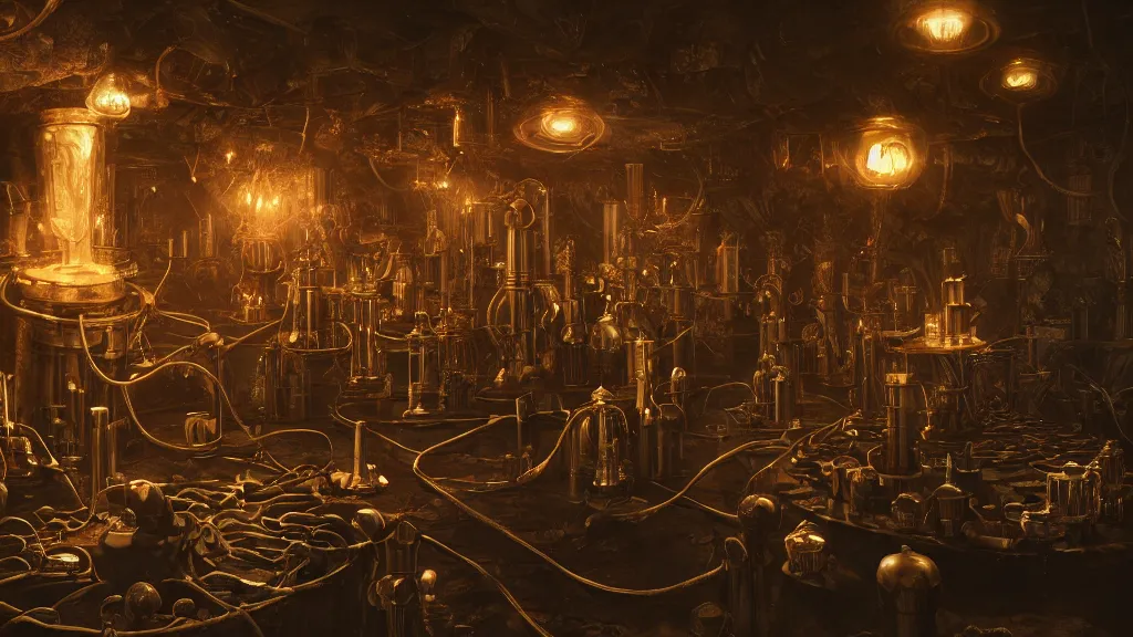 Prompt: dark wizards laboratory, ancient midevil, many tubes connecting many beakers, bronze steril feeling, realistic cinematic lighting, establishing action shot, ultra detailed, hyper realism, photo, octane render