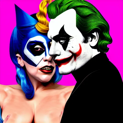 Image similar to richard hamilton and mimmo rottela as lady gaga harley queen and joaquin phoenix joker kissing, pop art, medium long shot, 3 color, separate content, object details, dynamic composition, 4 k, ultra realistic art, smooth, sharp focus, illustration, concept art, intricate details, h 7 6 8