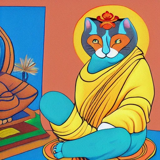 Prompt: canvas painting of cat buddhist monk cartoon, meditating, sitting, front view, eyes closed