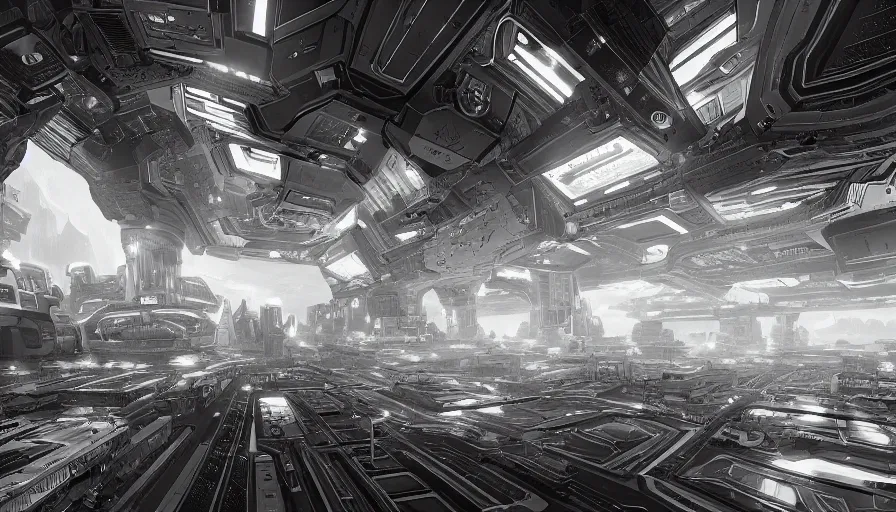 Image similar to Interior of a huge, bright black and white wonderful space base with lot of people in it, hyperdetailed, artstation, cgsociety, 8k