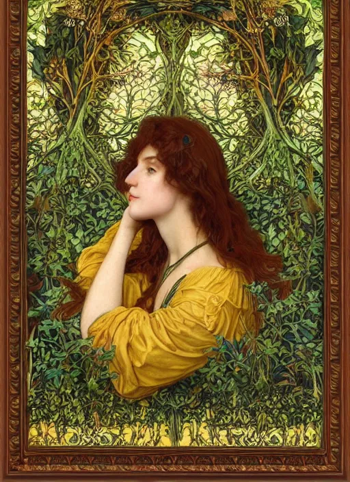 Prompt: masterpiece beautiful seductive flowing curves pose preraphaelite portrait photography, straight bangs, thick set, yellow ochre ornate medieval dress, mushroom forest arch, amongst foliage, william morris and kilian eng and mucha, framed, 4 k