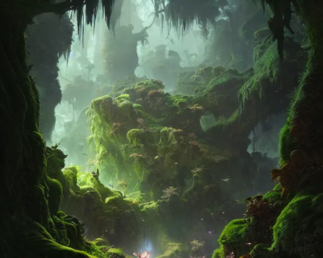 Prompt: mossy cave lit by orange minerals, deep focus, d & d, fantasy, intricate, elegant, highly detailed, digital painting, artstation, concept art, matte, sharp focus, illustration, hearthstone, art by artgerm and greg rutkowski and laura sava and alphonse mucha