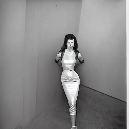 Image similar to a highly detailed unreal engine symmetric portrait of a long legged freaky goddess in a latex dress in an endless galaxy, henry cartier bresson