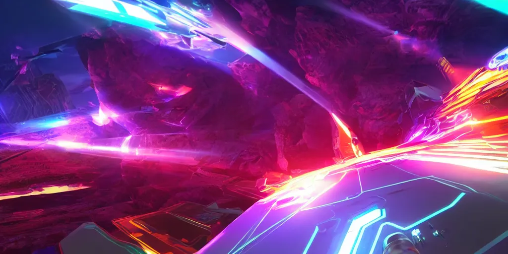 Prompt: screenshot of the videogame tempest, vector, axure sky, neon glow, lens flare, 8 k
