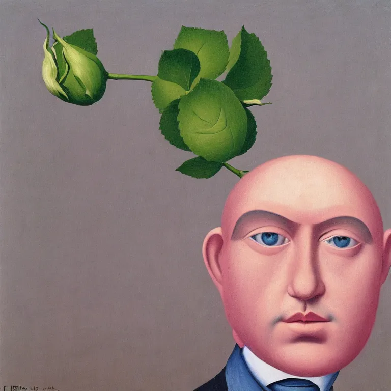 Prompt: portrait of a faceless rose flower - head man by rene magritte, detailed painting, distance, centered, hd, hq, high resolution, high detail, 4 k, 8 k