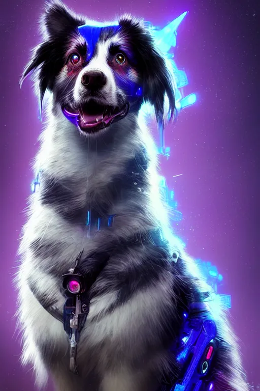 Prompt: a beautiful portrait of a cute cyberpunk australian shepard by greg rutkowski and wlop and sandra chevrier, purple blue color scheme, high key lighting, volumetric light, digital art, highly detailed, fine detail, intricate, ornate, complex, octane render, unreal engine, photorealistic