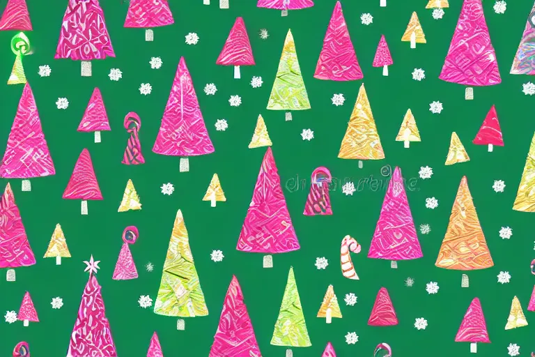 Prompt: a wrapping paper pattern with psychedelic christmas trees print, illustration