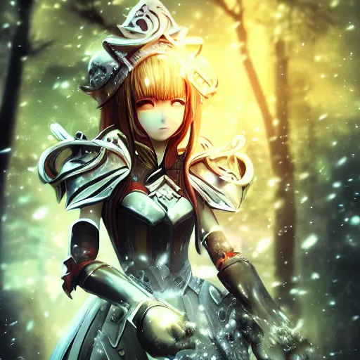 Prompt: focus face portrait of beautiful darkness 3D anime girl as knight, dark forest background, snowing, bokeh, inspired by Masami Kurumada, digital painting, high contrast, unreal engine render, volumetric lighting, high détail