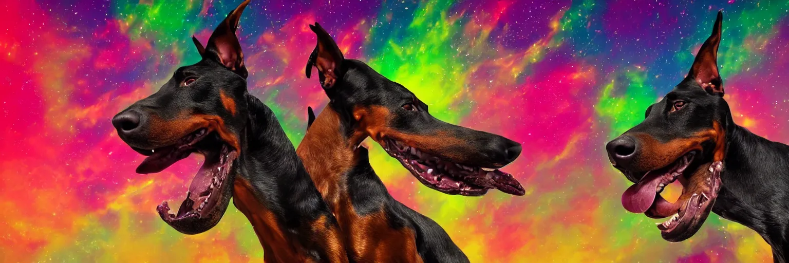 Image similar to spase doberman running close - up with neon mohawks, dogs, space, dark, stars, pink, oil painting, pirate neon ship with punks on board, neon, rich deep colors masterpiece, ultra detailed, contrast, lots of roman arches, clouds, sky, volumetric light, atmospheric lighting, dramatic, cinematic, moody, octane render 4 k, 8 k