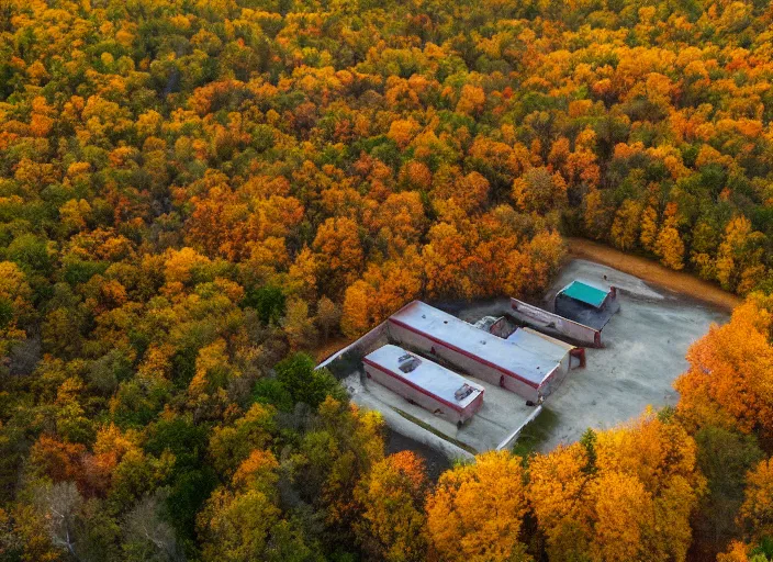 Image similar to low drone shot of a ranch style Juvenile Detention Center middle of the Woods during autumn