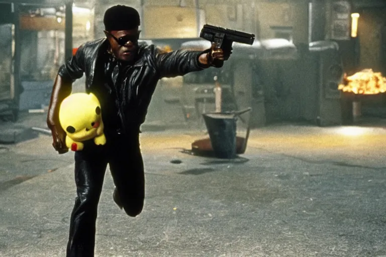Prompt: Samuel L. Jackson plays Terminator and kills pikachu, action scene from the film