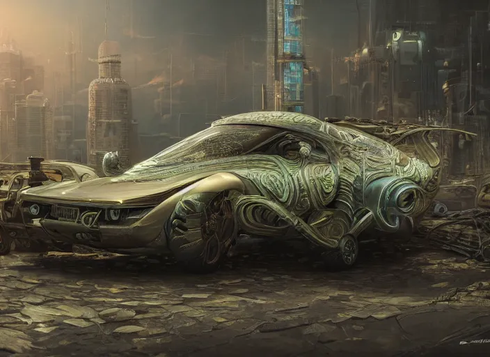 Image similar to detailed concept art illustration oil painting of a solarpunk muscle car in full intricate detail, ultra detailed, digital art, octane render, 4K, dystopian, micro details