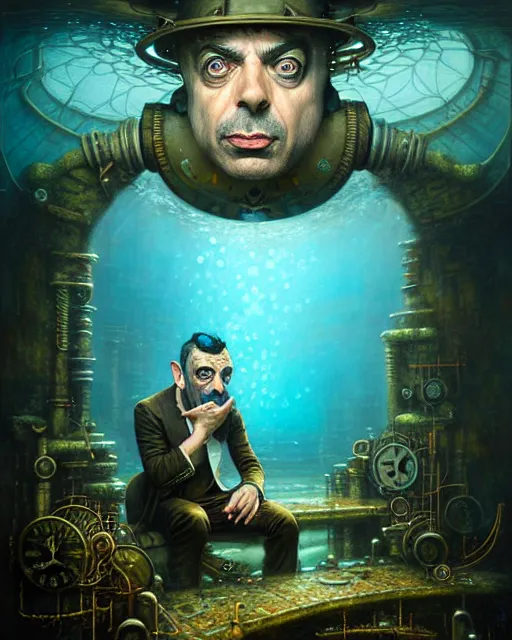 Image similar to underwater steampunk portrait of rowan sebastian atkinson, by tomasz alen kopera and peter mohrbacher