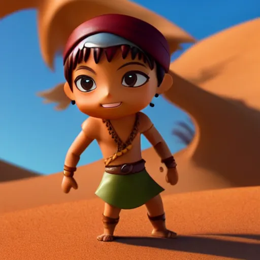 Image similar to cartoon funny arabian warrior as nendoroid walking in a desert in the croods movie style, anime, disney, pixar, 8 k, hd, dof, kodak film, volumetric lighting, subsurface scattering, photorealistic, octane render, details