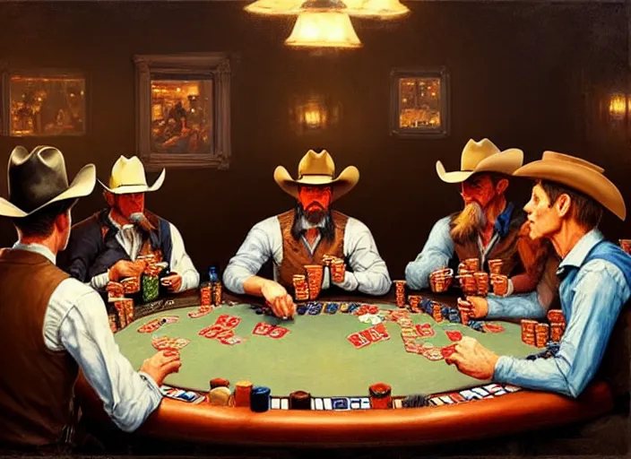 Image similar to cowboys playing poker in a saloon, by Mandy Jurgens, trending on artstation, Richard Schmid and norman rockwell