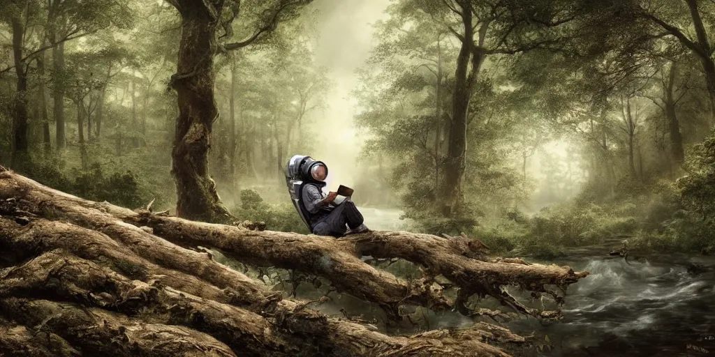 Image similar to an astronaut sitting on a fallen tree by a river in a forest, a detailed matte painting by frieke janssens, featured on cgsociety, fantasy art, matte painting, reimagined by industrial light and magic, matte drawing