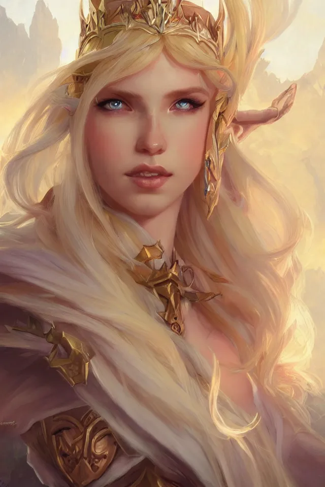 Image similar to Portrait of Beautiful blonde elf queen with opal eyes and elf ears, league of legends, LOL, fantasy, digital painting, artstation, concept art, sharp focus, illustration, art by greg rutkowski and alphonse mucha