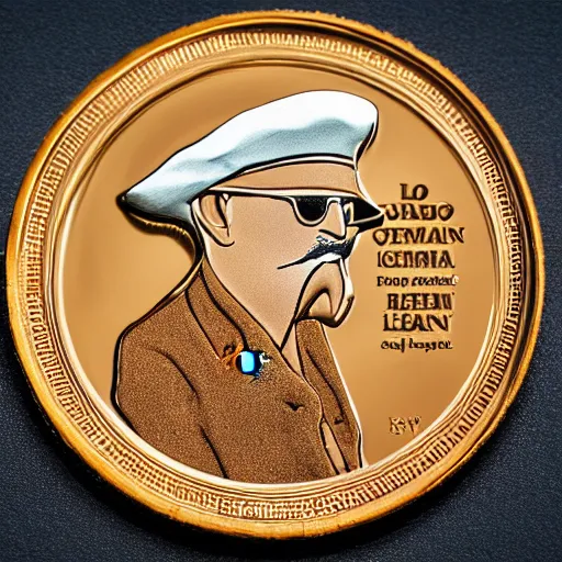 Prompt: A photograph of an unwrapped chocolate coin that is engraved with a portrait of a young leon redbone smoking a cigar and wearing a greek fisherman cap, highly detailed, close-up product photo, depth of field, sharp focus, soft lighting