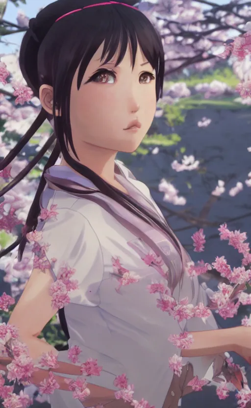 Prompt: anime style, gta 5, panoramic view of girl, centered, yukata clothing, sakura tree in background, ponytail short hair, hair down, symmetrical facial features, from arknights, hyper realistic, extreme detail, volumetric lights, 4 k drawing, safebooru, realistic lighting, by alphonse mucha, greg rutkowski, sharp focus, backlit