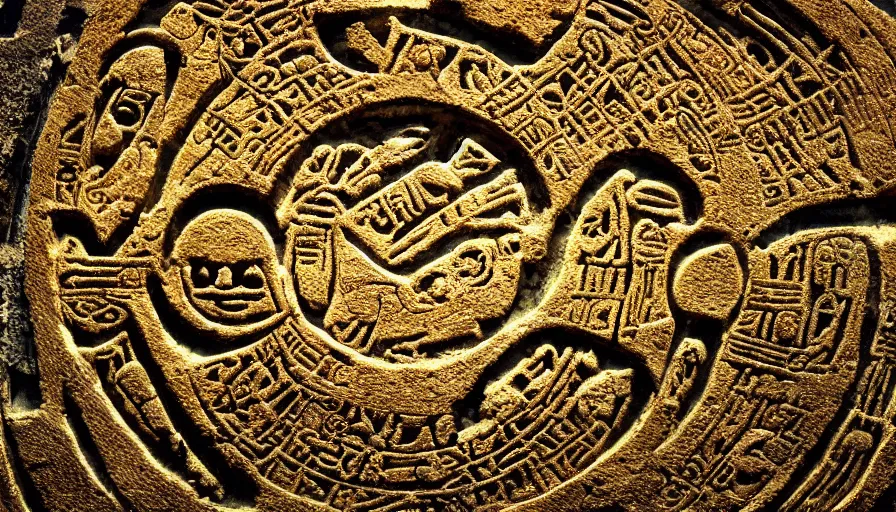 Image similar to h. r. giger hieroglyphs, hieroglyphs showing aliens and planet, sorrow intense likely, gold plate, sense of decay given, throw into the abyssal despair, various refining techniques, micro macro auto focus, top photography photo art gallery, realistic photo, insane detail