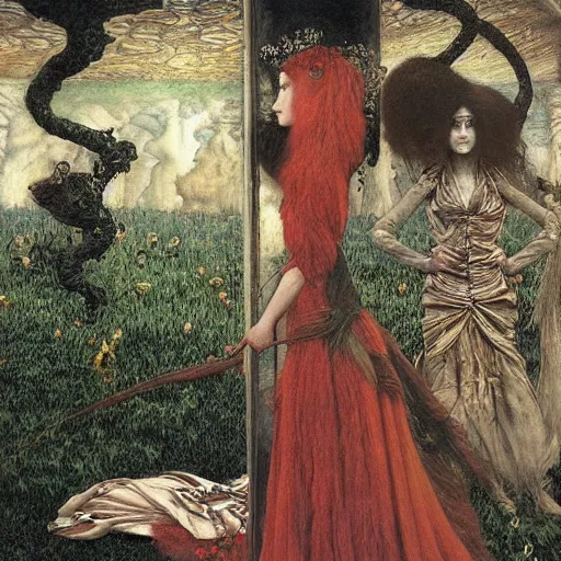 Prompt: A assemblage. A rip in spacetime. Did this device in her hand open a portal to another dimension or reality?! surrealism, Renaissance by James Tissot, by John Bauer subtle, washed-out