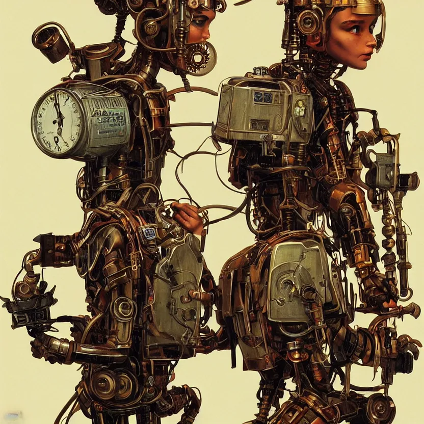 Image similar to steampunk robot boy with a retrofuturistic backpack by syd mead and norman rockwell. highly detailed digital art. retrofuturism. steampunk. beautiful lighting. trending on artstation.