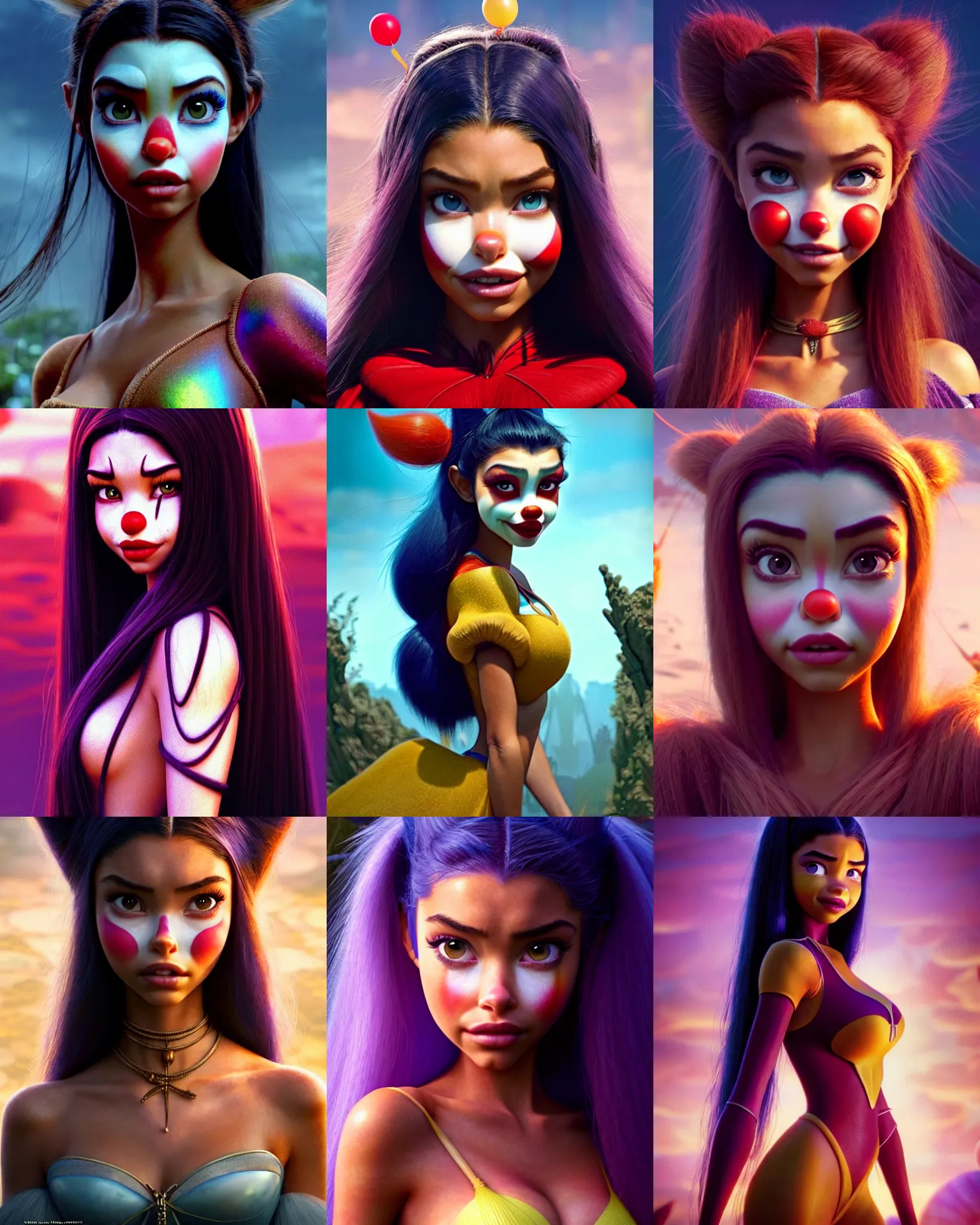 Prompt: weta disney pixar movie still portrait photo of madison beer, adriana lima : : as clowngirl woman by pixar : : by weta, greg rutkowski, wlop, ilya kuvshinov, rossdraws, artgerm, marvel, maxim magazine cover, rave otufit, unreal engine, sweaty, iridescent, bright morning, anime, : :