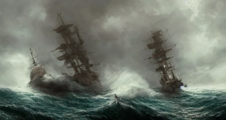 Prompt: giant enormous sailing battleship, raging sea foggy, dramatic, action scene, stormy background, shipfleet on the horizon, high detail, greg rutkowski, james gurney, gene wolfe, gustave dore, jesper ejsing, rhads, makoto shinkai, ilya kuvshinov