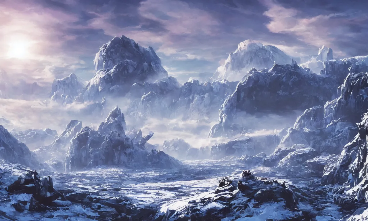 Image similar to frozen planet with mountains in clouds on the background, ravine in front, science-fiction, cinematic lighting, cinematic angle, Syd Mead, Federico Pelat, daylight, blue sky, spaceship in the sky