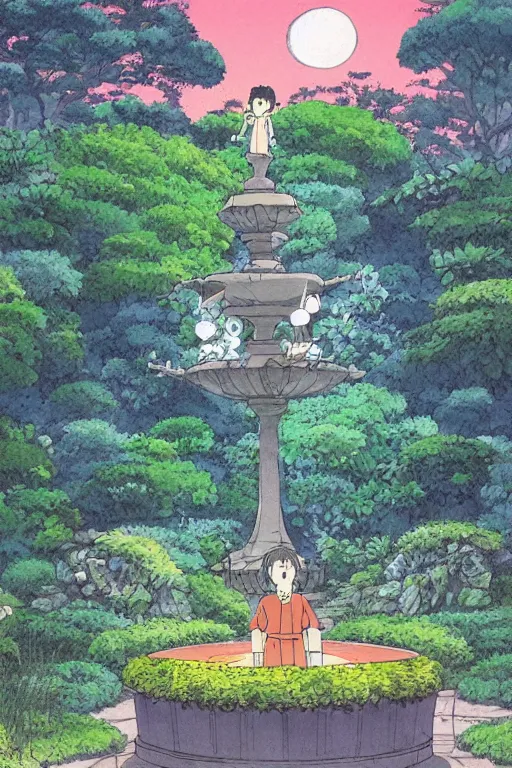 Prompt: A ghost wanders close to a stone fountain in a well planted formal flower garden at dusk studio ghibli