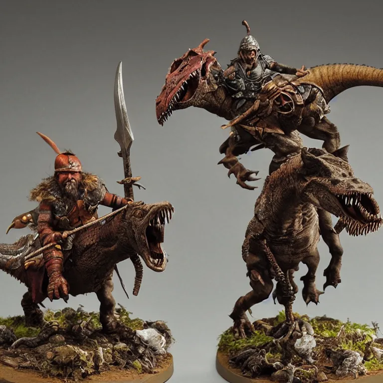 Image similar to diorama of a viking berserker riding a dinosaur, highly detailed, award winning mini painting, studio lighting