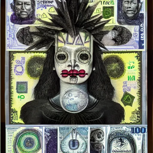 Image similar to post - punk new age album cover, asymmetrical design, dollar bank notes, capitalism, magic, apocalypse, psychedelic, black white pink, magic, giger h. r., giuseppe arcimboldo