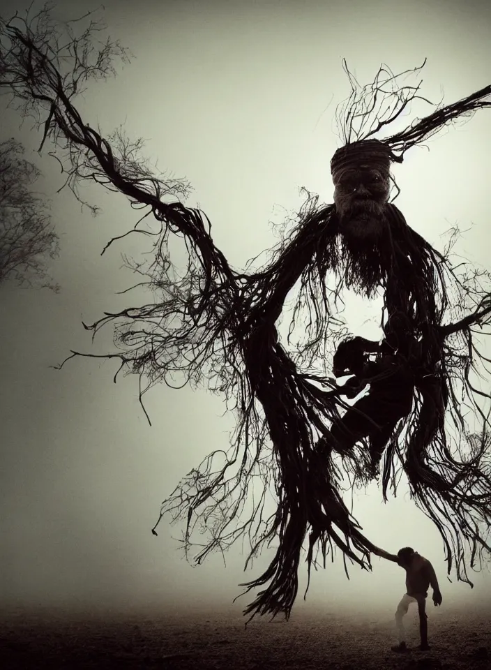 Prompt: full body shot of old asian man with long beard, hanging from a tree, his head covered in roots, full face occult silver mask, bright multiple glowing eyes, holding a large carved wooden dark fractal stick, hanging upside down, thick smoke around him, in the burning soil desert, cinematic shot, wide angle, dark desert background, volumetric lighting by Denis Villeneuve, Lubezki, Gaspar Noe, Christopher Doyle and Alejandro Jodorowsky, anamorphic lens, anamorphic lens flares, kodakchrome, cinematic composition, practical effects, award winning photo, 8k