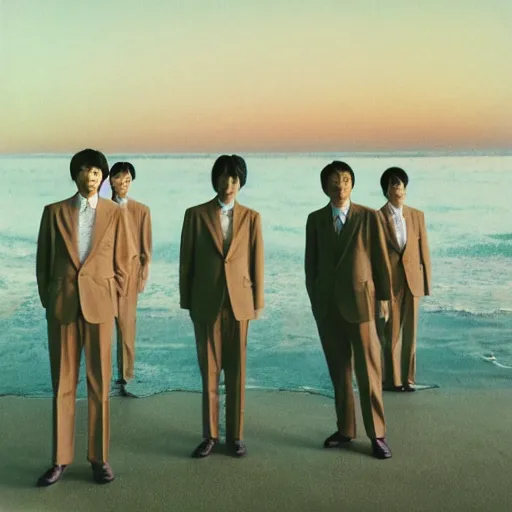 Image similar to five japanese men wearing beige suits and blue jeans standing in the ocean, sunset, night, wide shot, ((yellow magic orchestra)), ((tatsuro yamashita)), album cover, 1981, grammy award winning