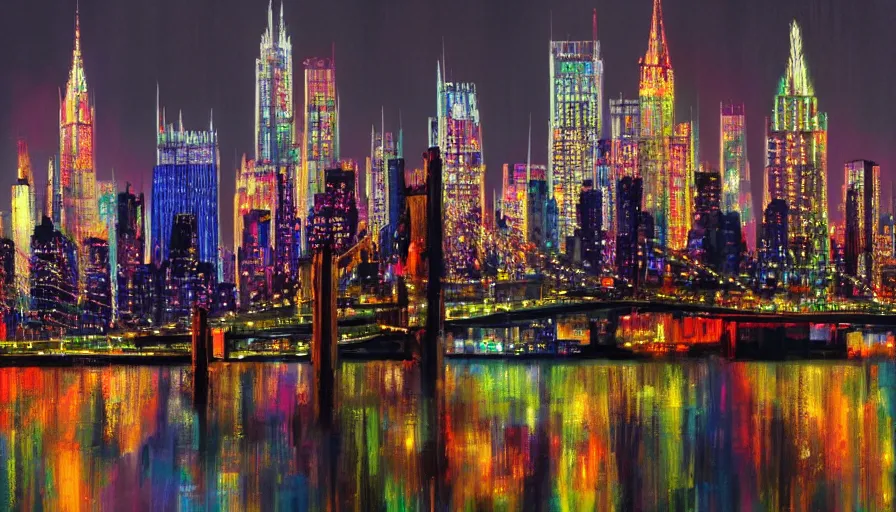 Image similar to view of neo - gothic new york city with neons decorating buildings from hudson river, hyperdetailed, artstation, cgsociety, 8 k