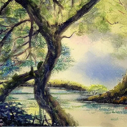 Image similar to A painting of a beautiful scene of nature. The colors are very soft and muted, and the overall effect is one of serenity and peace. The composition is well balanced, and the brushwork is delicate and precise. 1990s by Kim Jung Gi rendering