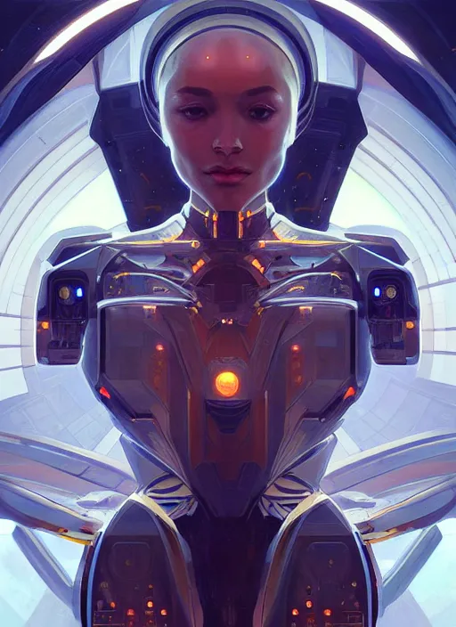 Image similar to symmetry, hi - tech robot in a spaceship intricate, elegant, highly detailed, digital painting, artstation, concept art, smooth, sharp focus, illustration, art by artgerm and greg rutkowski and alphonse mucha