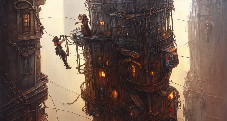 Image similar to landscape painting of fantasy metal steampunk city with walkways and lit windows and a hooded thief in browns leathers climbing one of the tall buildings using a rope, fine details, magali villeneuve, artgerm, rutkowski