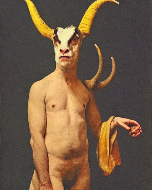 Image similar to aleister crowley as a a satyr goat man, he has long goat ears, multicolored goat fur, goat horns and yellow goat eyes with black horizontal pupils