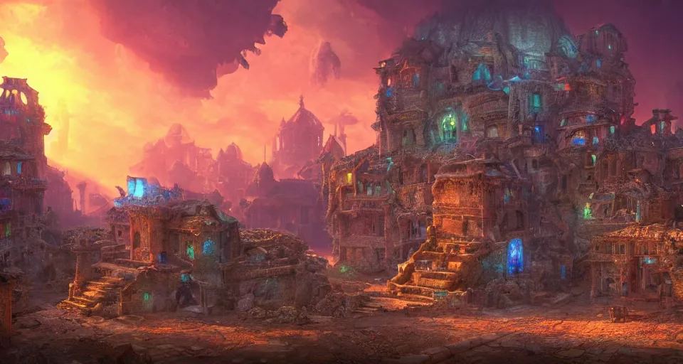 Prompt: a dungeon ruin covered in mushrooms with buildings of a sprawling ancient dwarven city street inside the intricate walls, ilm, beeple, elysium, iron smelting pits, iridescent glowing holograms, warm saturated colours, atmospheric perspective, dramatic sunset, volumetric light scattering, dustlight, god rays, dust