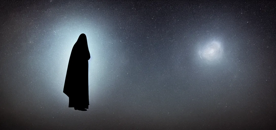 Prompt: silhouette of a cloaked figure staring into the universe